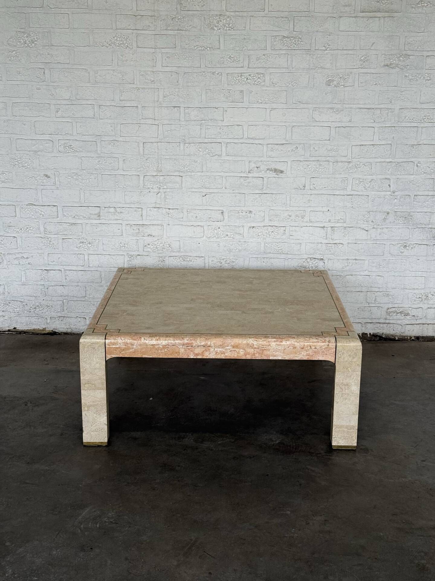 Tessellated Stone & Brass Inlay Coffee Table — Mission Furniture, 1989