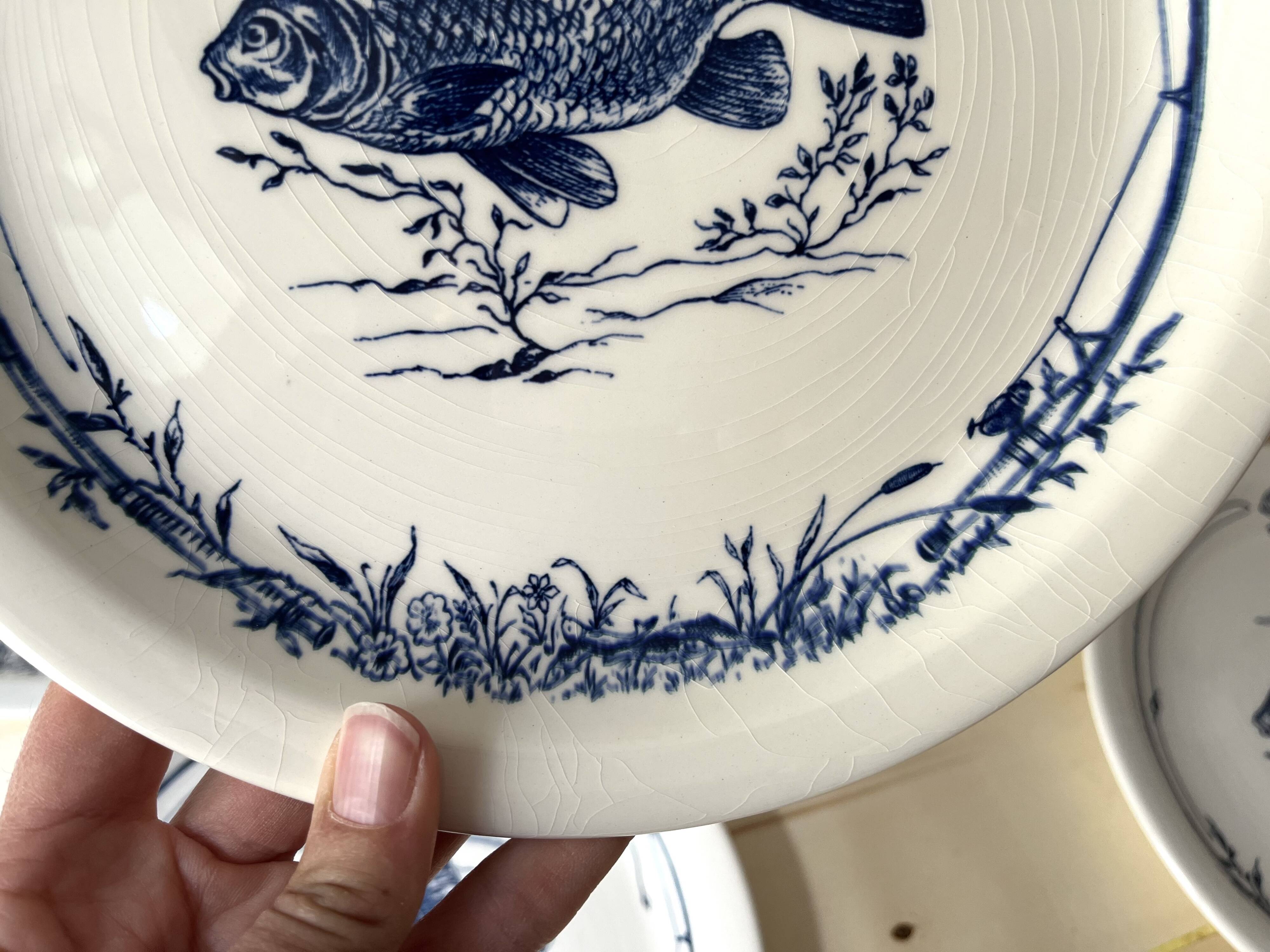 Set of 6 vintage GIEN France fish plates, flat plates with fishing decor