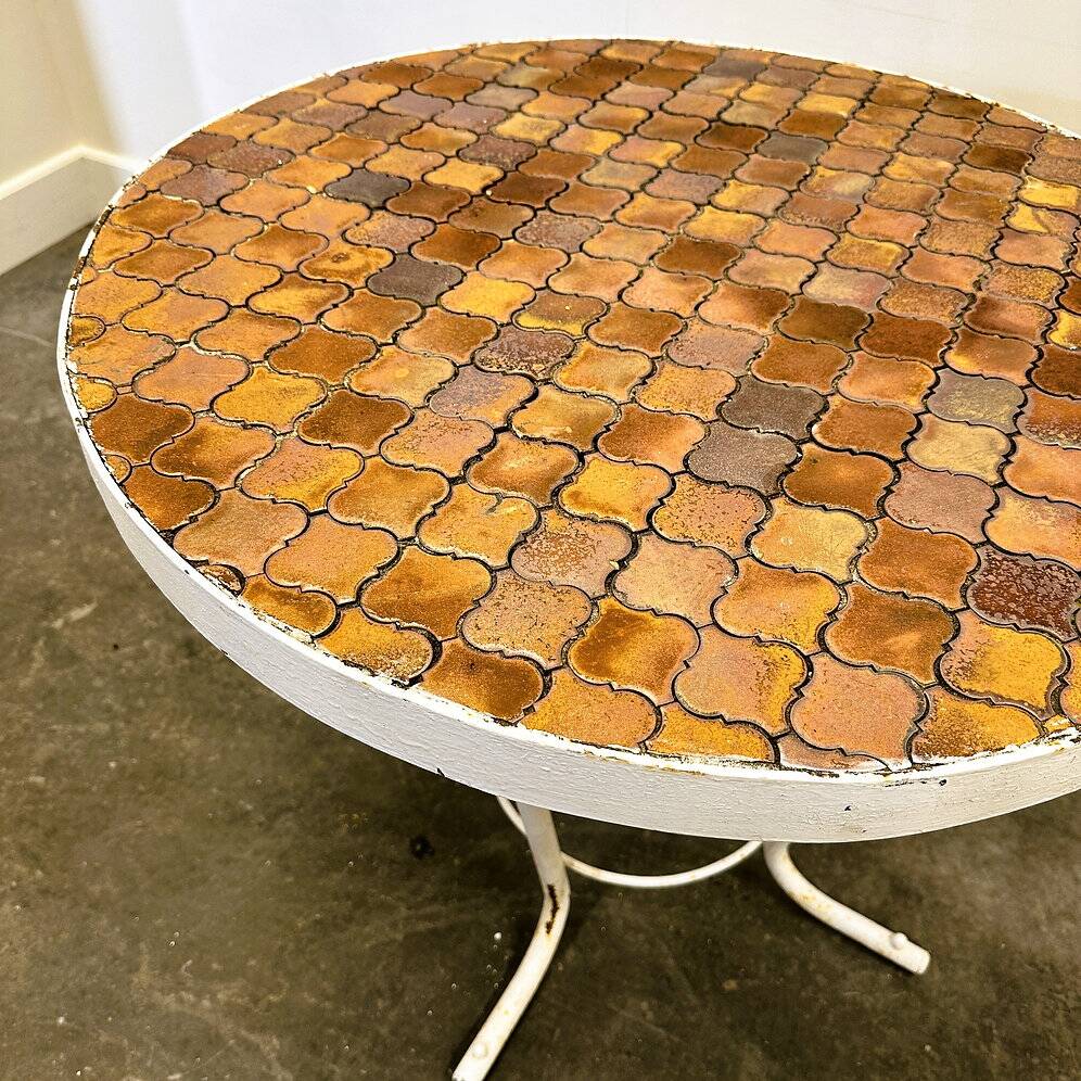 Vintage round French garden table with French "Tomettes" tiled top, 1960s