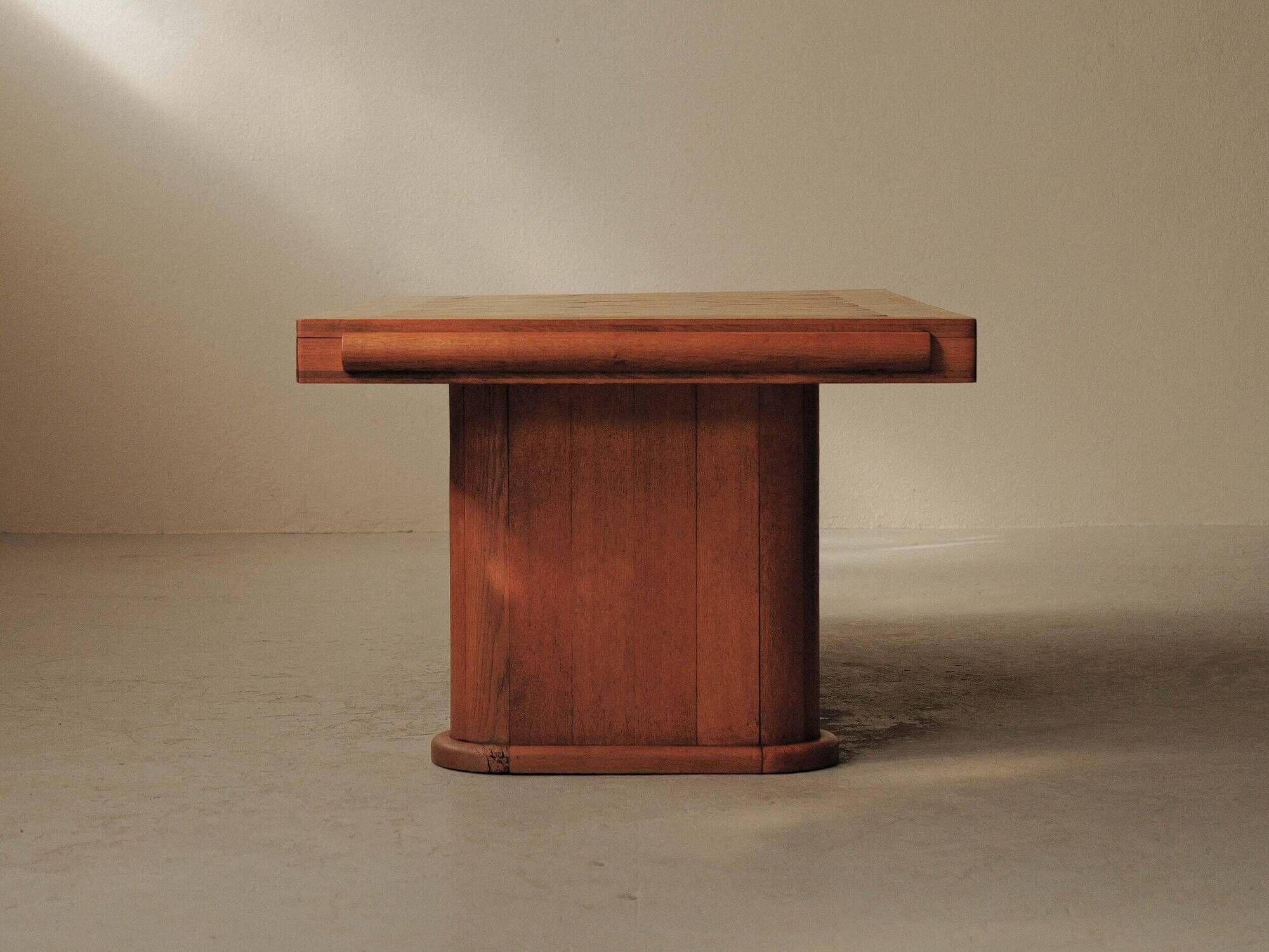 Art Deco table in oak and walnut with marquetry decoration, circa 1940.
