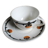 A large cup of chocolate tea, saucer Badonviller Barcarolle orange black.