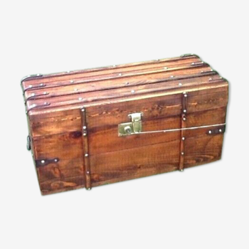 Antique travel chest studded wood / leather wrapped brass lock with key
