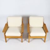 Pair of 70s cane and pine armchairs