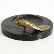 Beautiful, large black granite valet tray featuring a brass peacock, circa