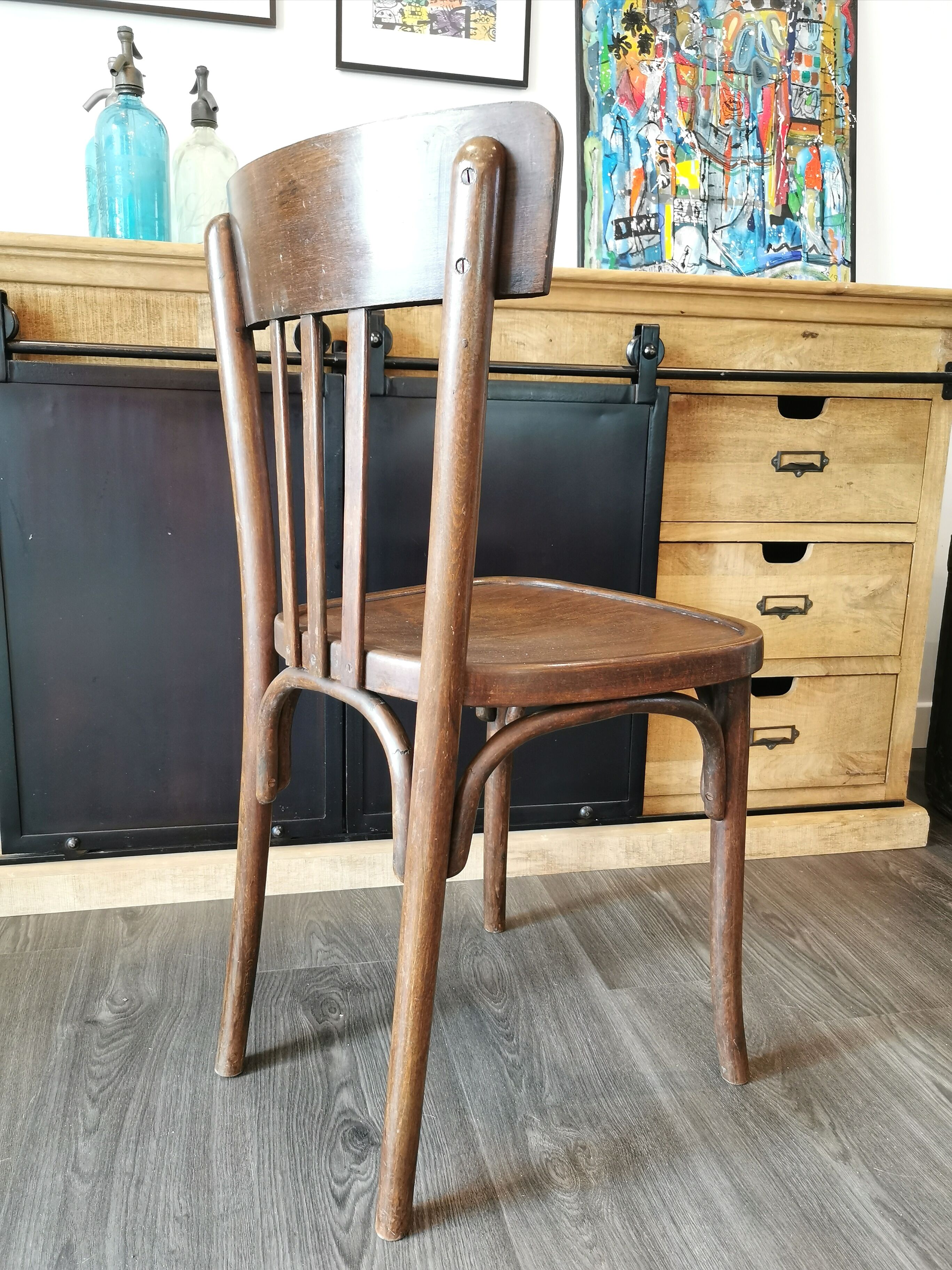 Series of 6 mismatched bistro chairs Baumann and Mahieu