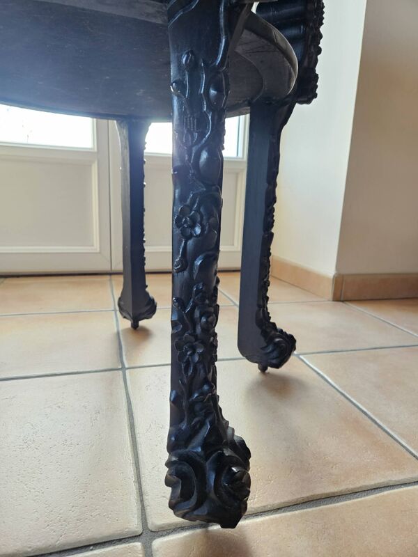 Guéridon orientaliste ancien sculpté – double plateau en marbre – fin XIXe