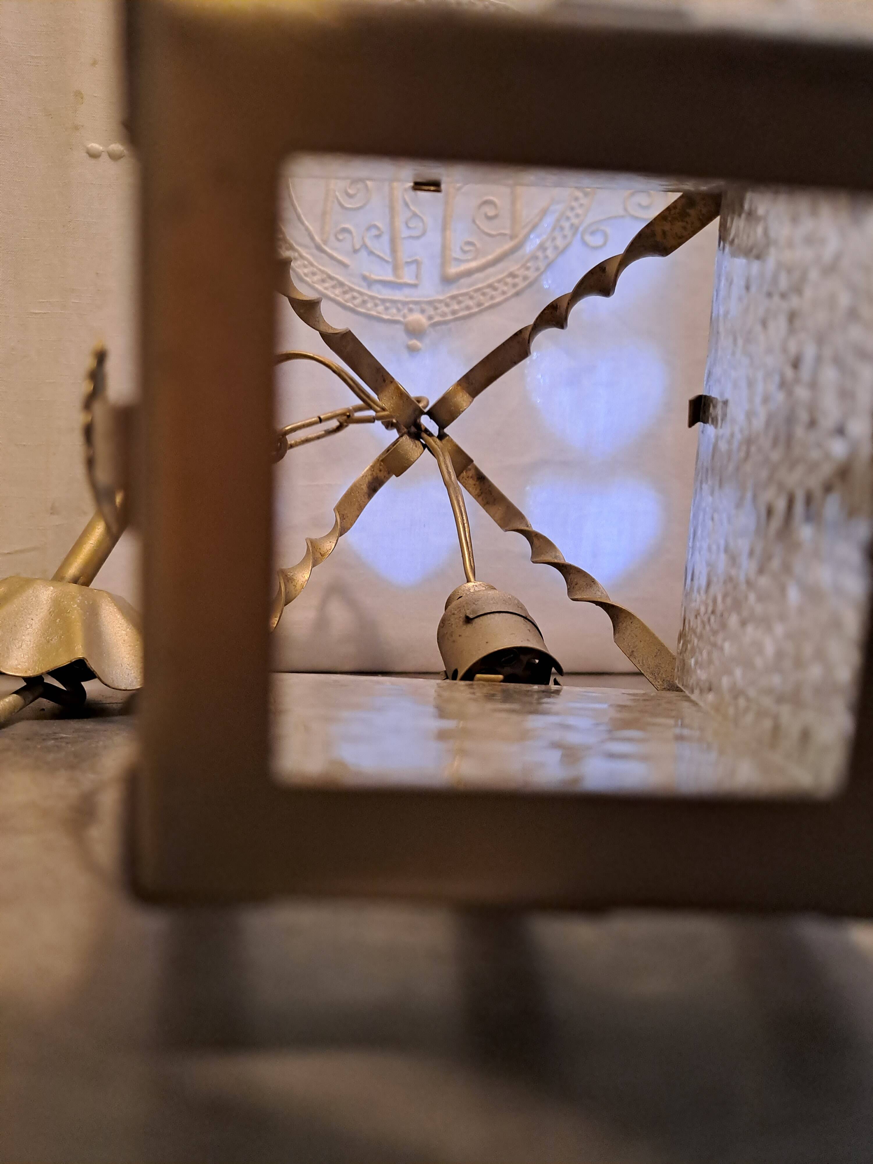 Interior pendant light Lantern ceiling light in gold metal and grained glass 1950 France