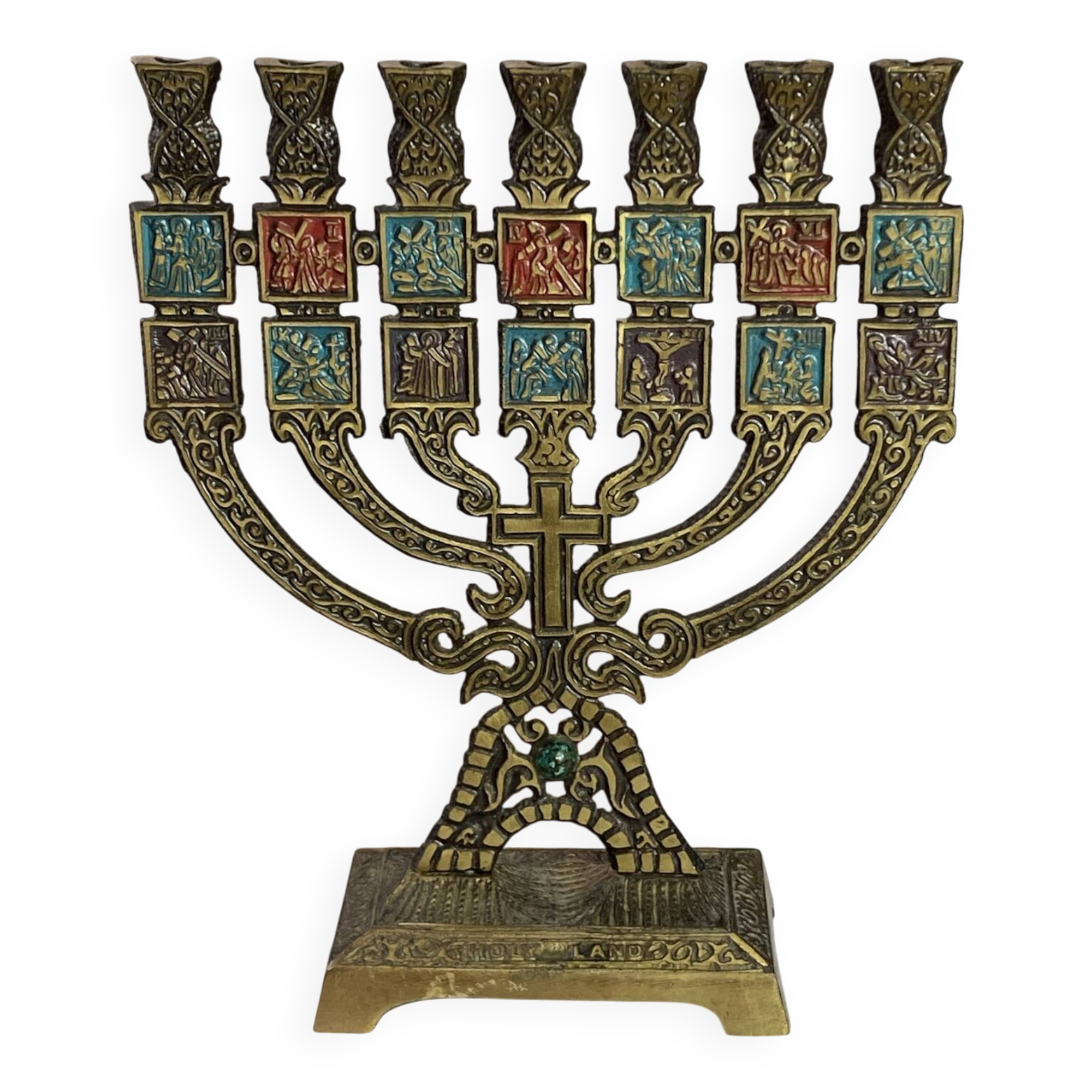 Seven-branched candelabrum, Judeo-Christian, brass and enamel