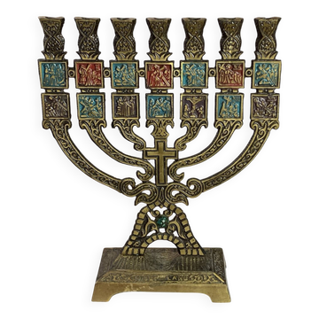 Seven-branched candelabrum, Judeo-Christian, brass and enamel