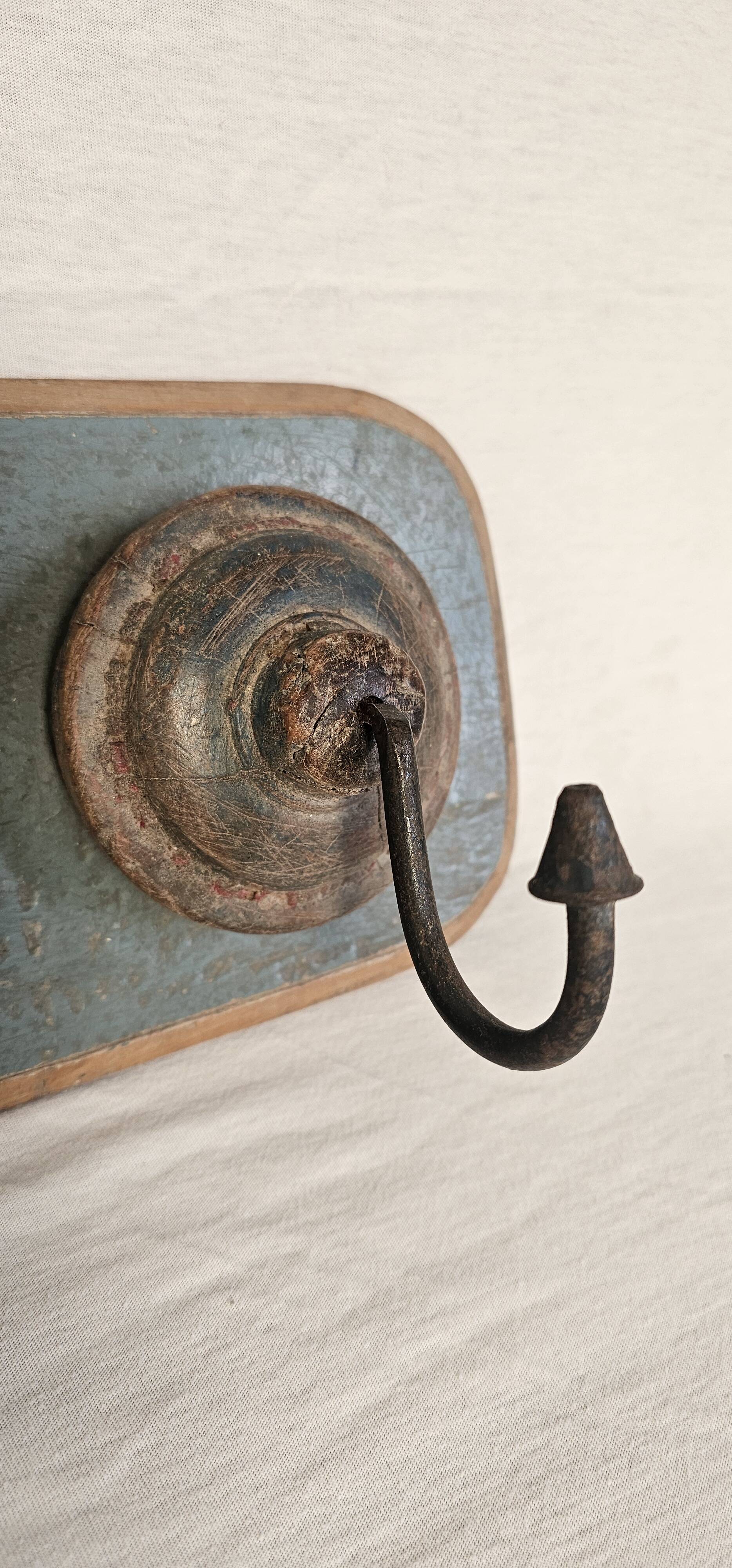 Antique teak coat rack with 3 wrought iron hooks