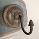 Antique teak coat rack with 3 wrought iron hooks