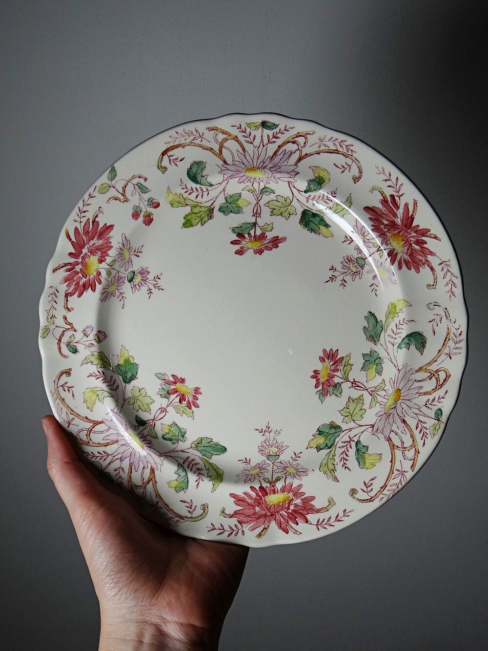 4 antique dessert plates Longchamp Daisies ironstone polychrome