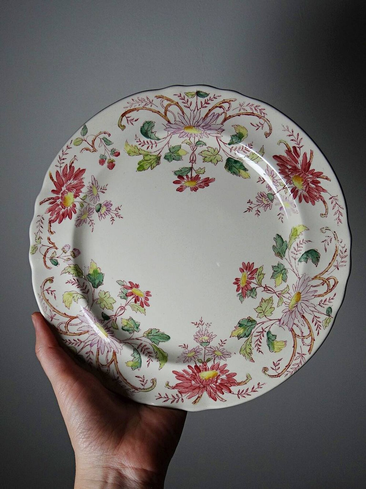 4 antique dessert plates Longchamp Daisies ironstone polychrome