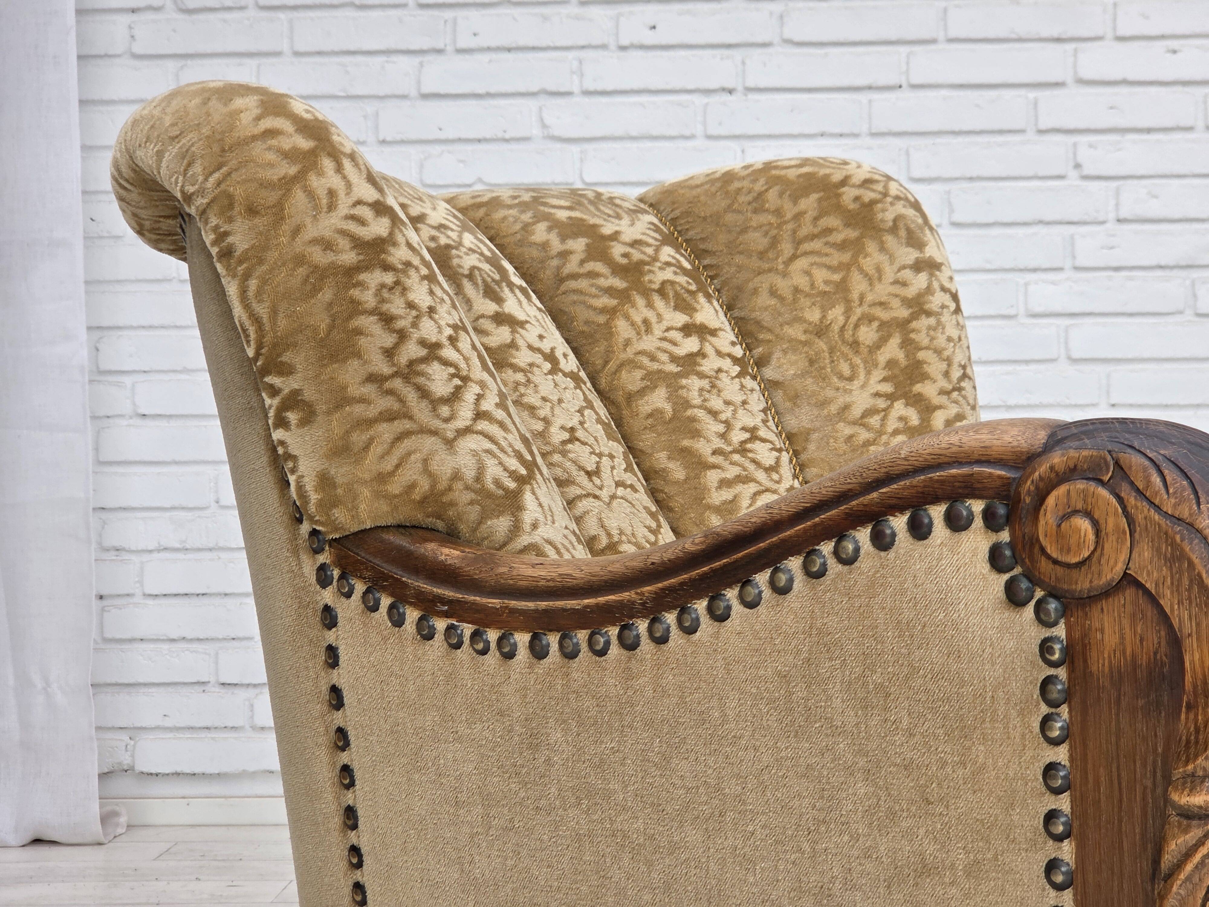 1950s, Danish relax armchair, furniture velour, carved oak wood.