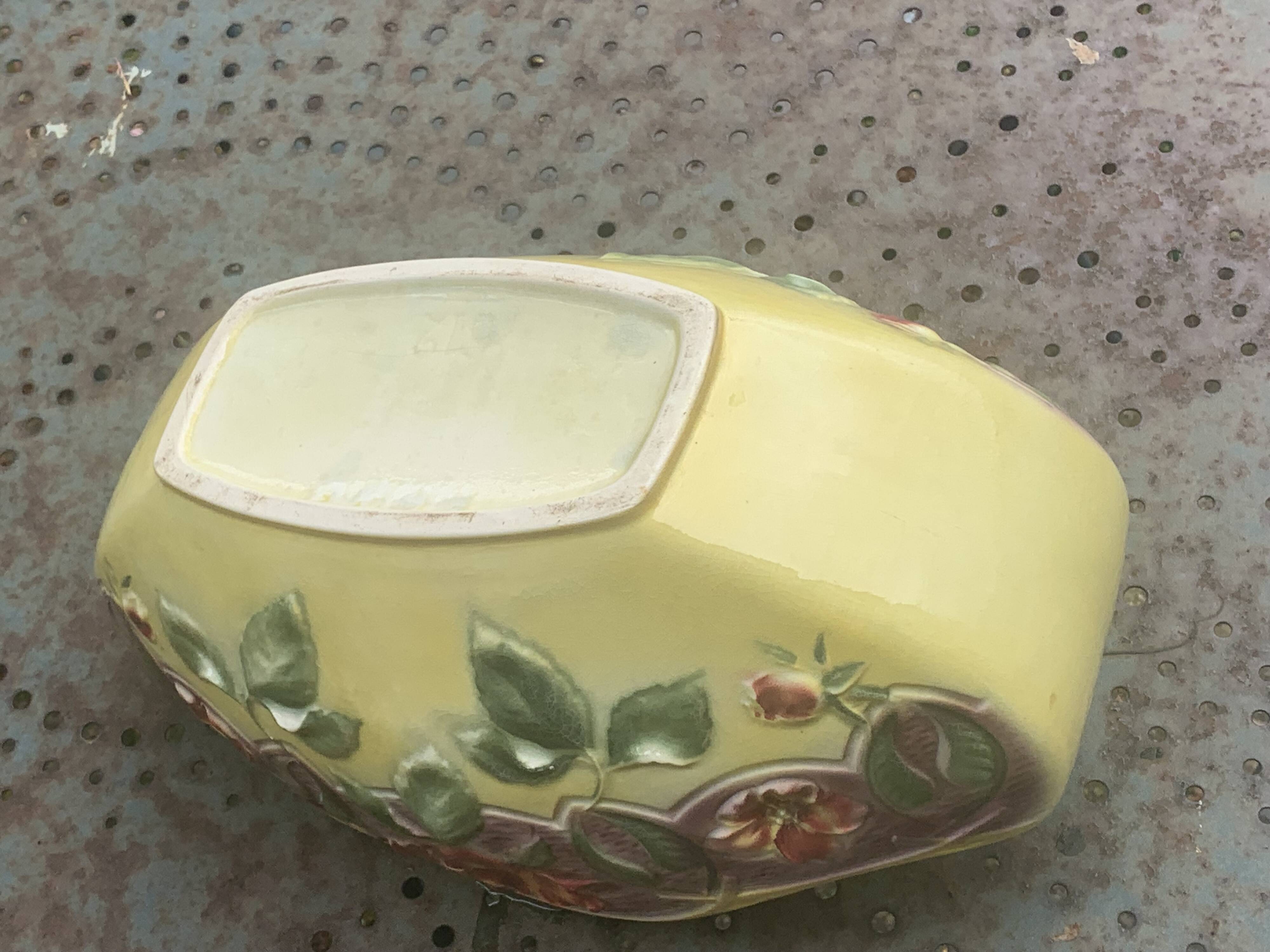 Yellow glazed ceramic slip planter, hawthorn pink flower pattern, art deco