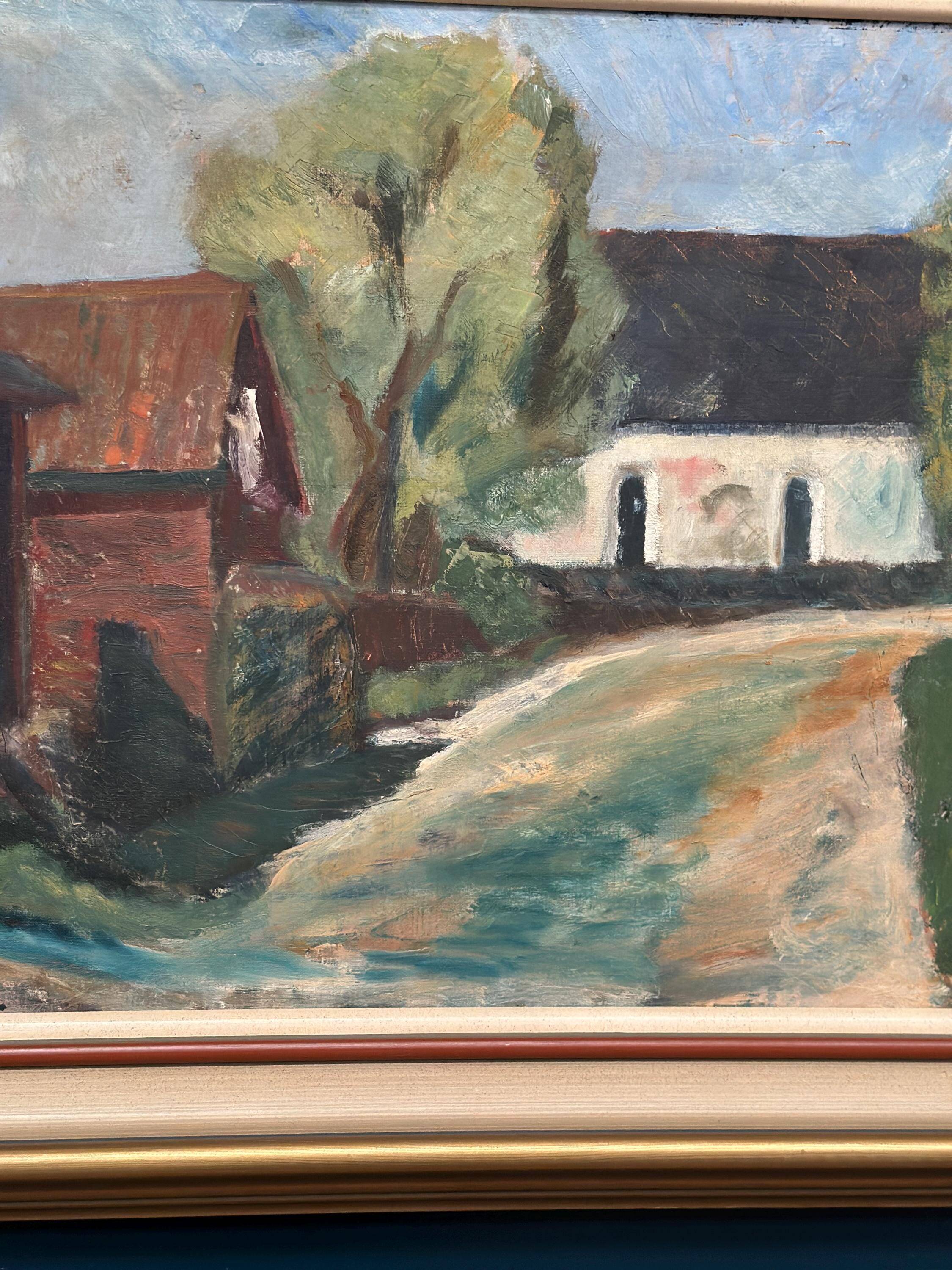 Original Mid Century Swedish Oil On Canvas – “Suburbia” By Erik Hult