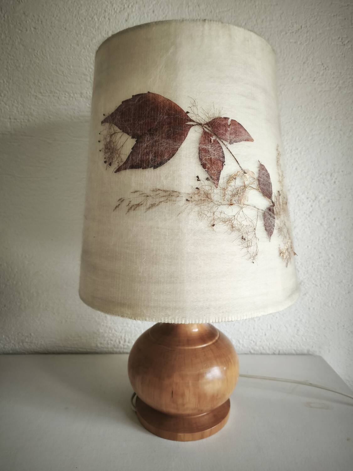 Herbarium lamp, turned wooden base, vintage bohemian