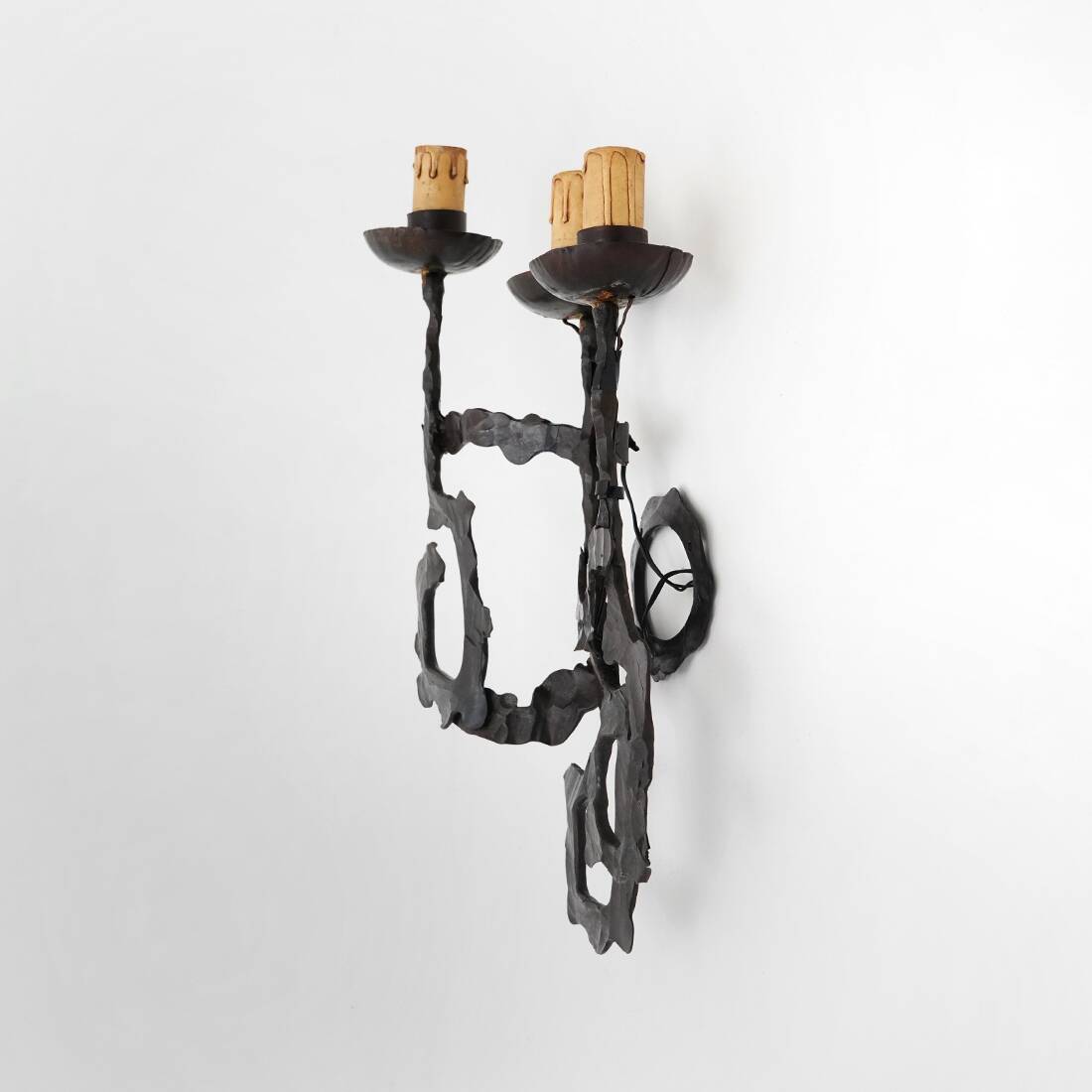 Pair of Brutalist wrought iron wall lamps, 1960s