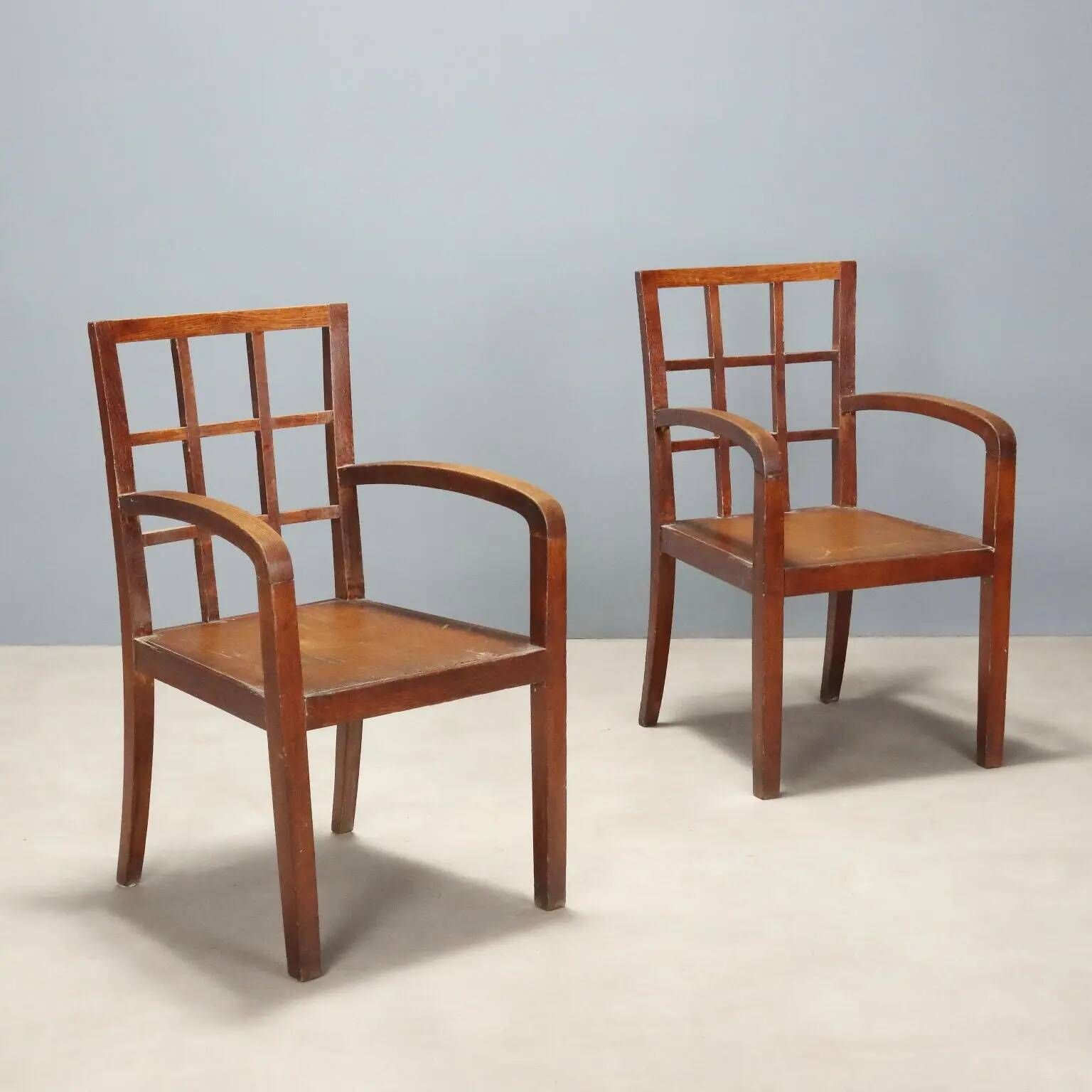 Pair of antique Art Deco armchairs in oak, Italy, 20th century