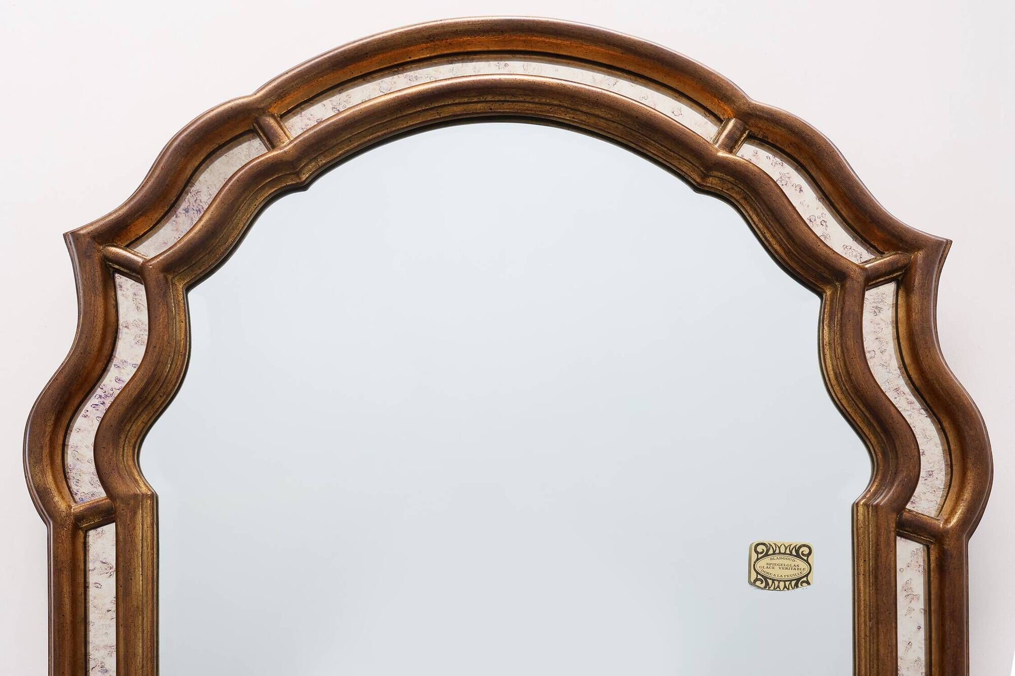 Arched gold-leaf mirror with marbled glass border by Deknudt, Belgium, 20th