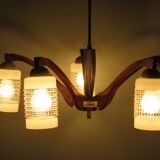 Chandelier, teak and engraved glass, 1950 Italy