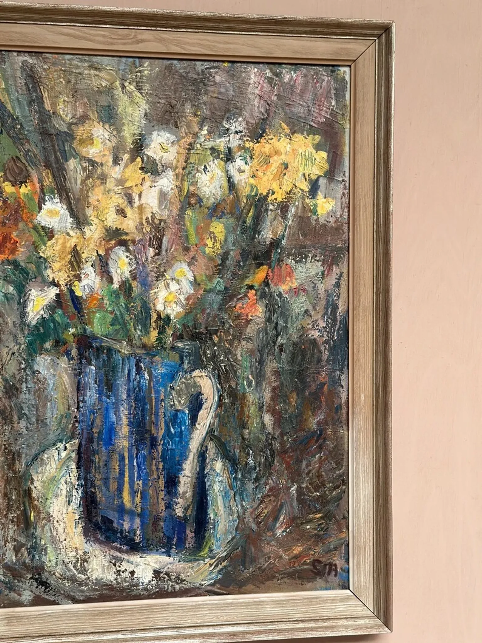 Original Swedish Oil on Panel – “Flowers in Blue Vase” by Sven Age – Signed – Vintage & Framed – 73 × 63 cm (28.7" × 24.8")