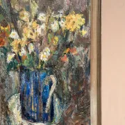 Original Swedish Oil on Panel – “Flowers in Blue Vase” by Sven Age – Signed – Vintage & Framed – 73 × 63 cm (28.7" × 24.8")