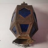 Oriental style hanging lantern in brass and dark blue glass