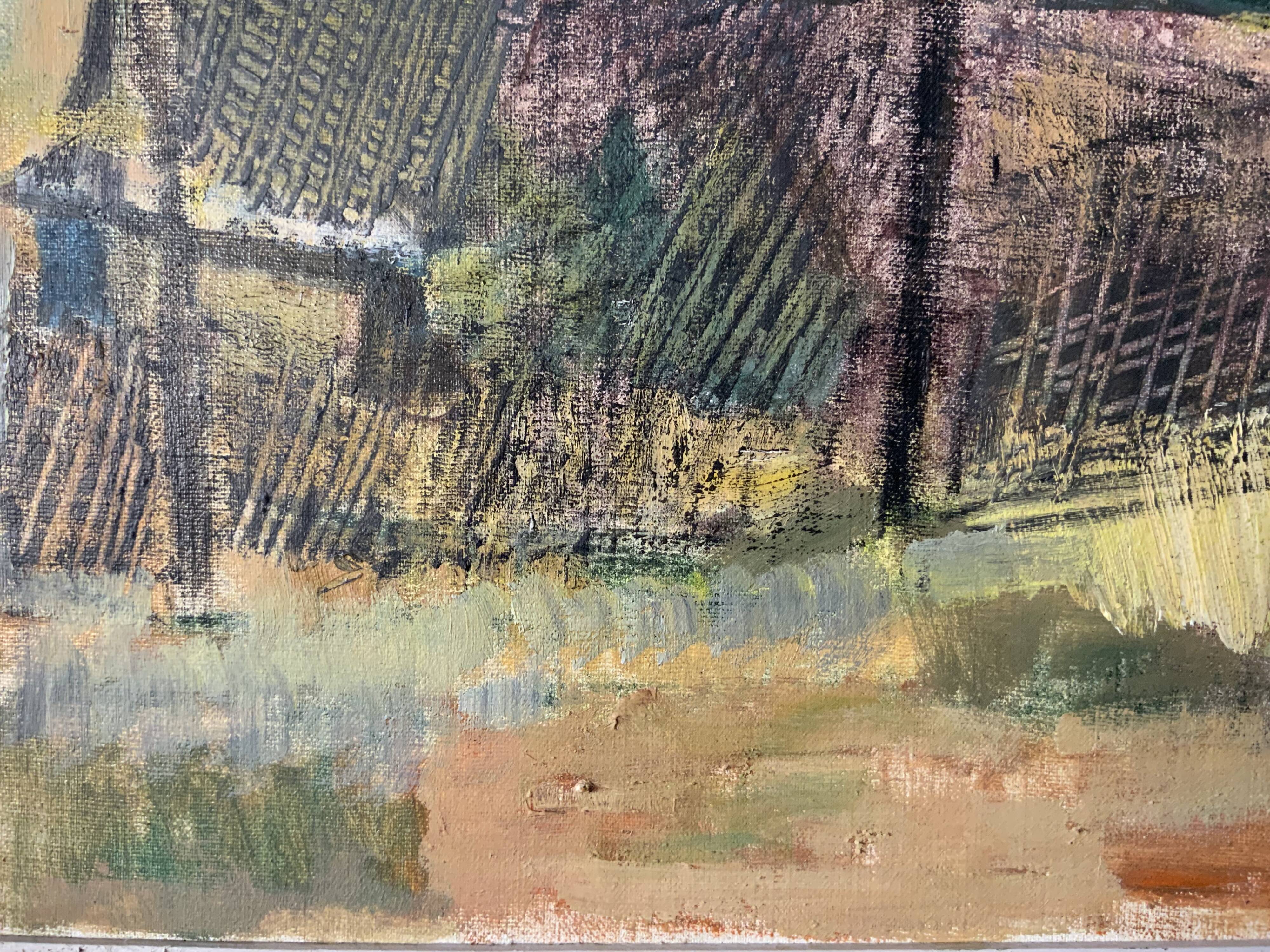 Vintage Oil Painting Fishing Village Scene 1950s