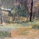 Peinture à l'huile vintage représentant une scène de village de pêcheurs, années 1950