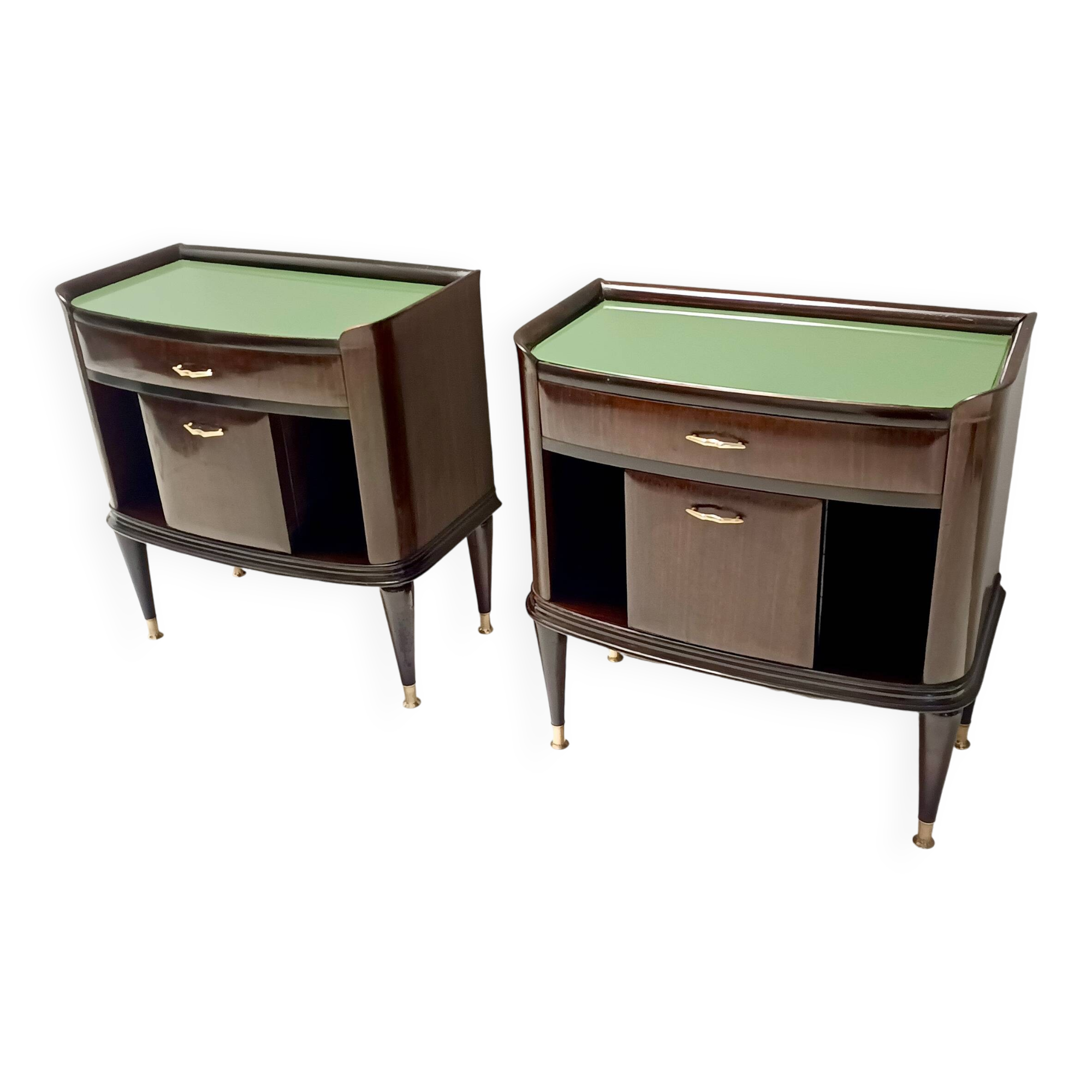 Pair of Walnut, Beech and Glass Nightstands in the Style of Tomaso Buzzi, Italy