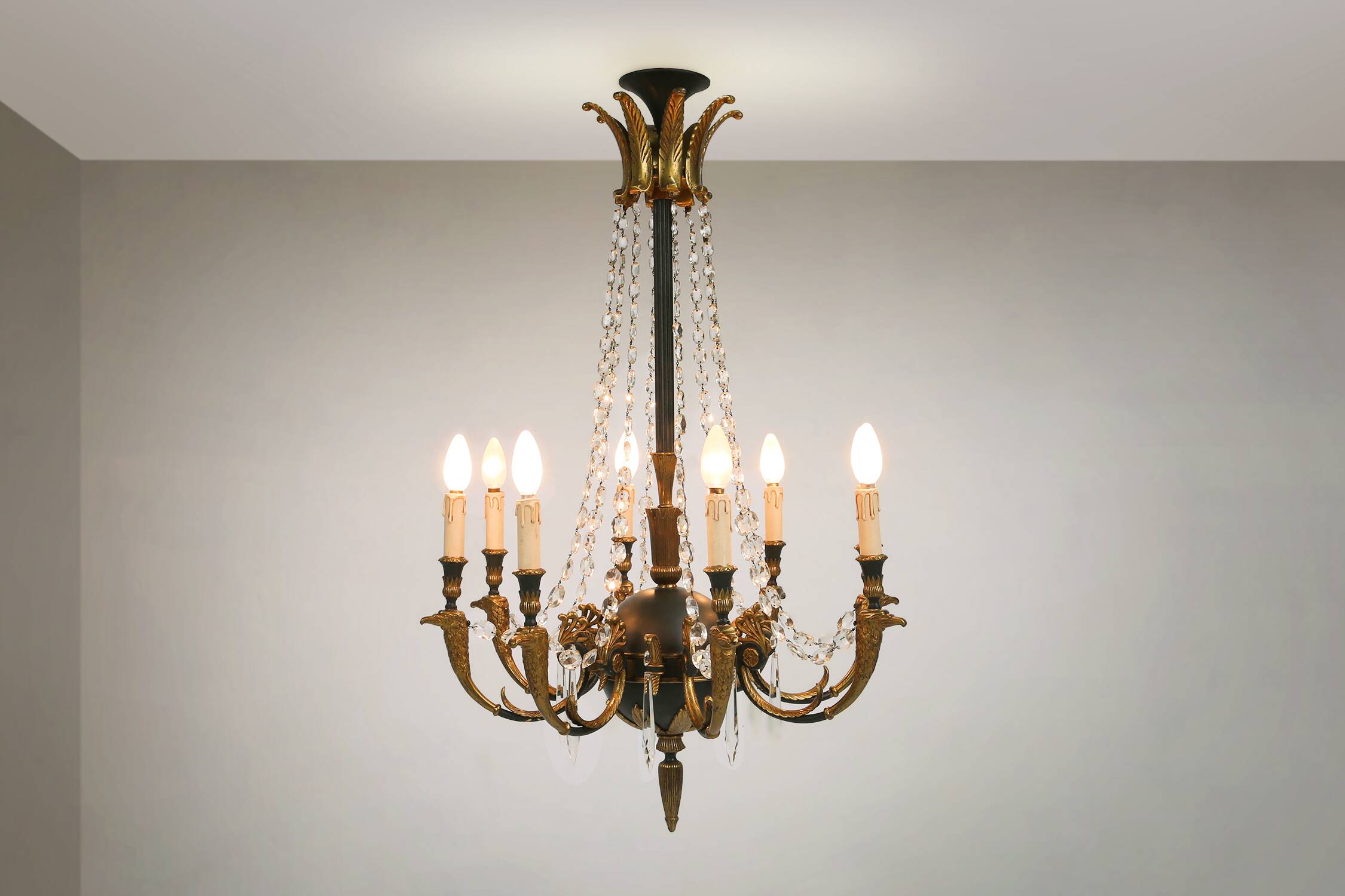 Impressive set of a large bronze Empire Chandelier with 2 wall lights, Belgium ca. 1950