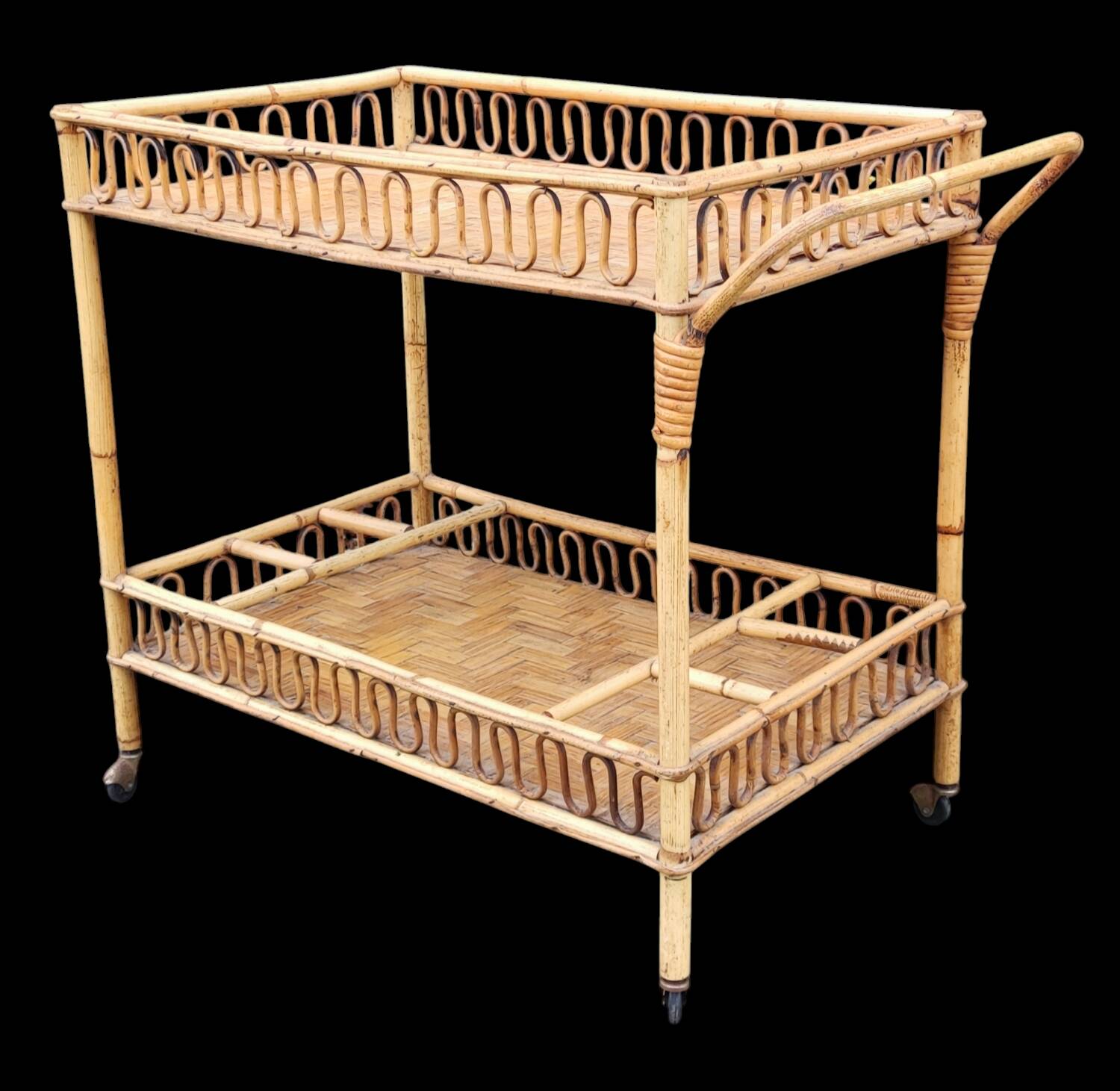 Vintage rattan bar trolley rolling serving cart