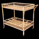 Vintage rattan bar trolley rolling serving cart
