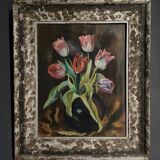 Oil on canvas bouquet of tulips 1930 limed frame