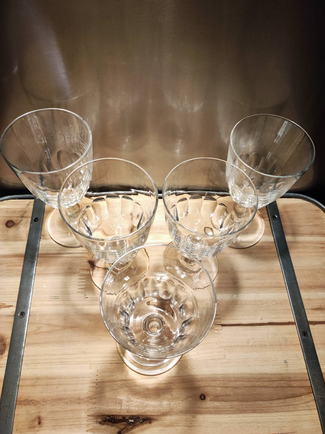 5 antique wine glasses with cut sides