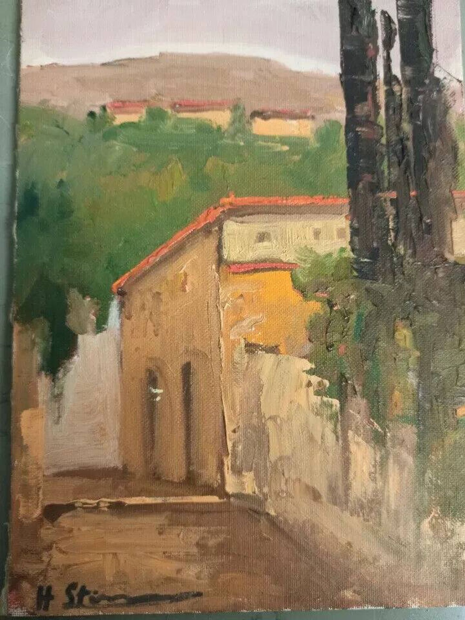 Oil painting on cardboard H. Stilmann Tuscan landscape 1950s