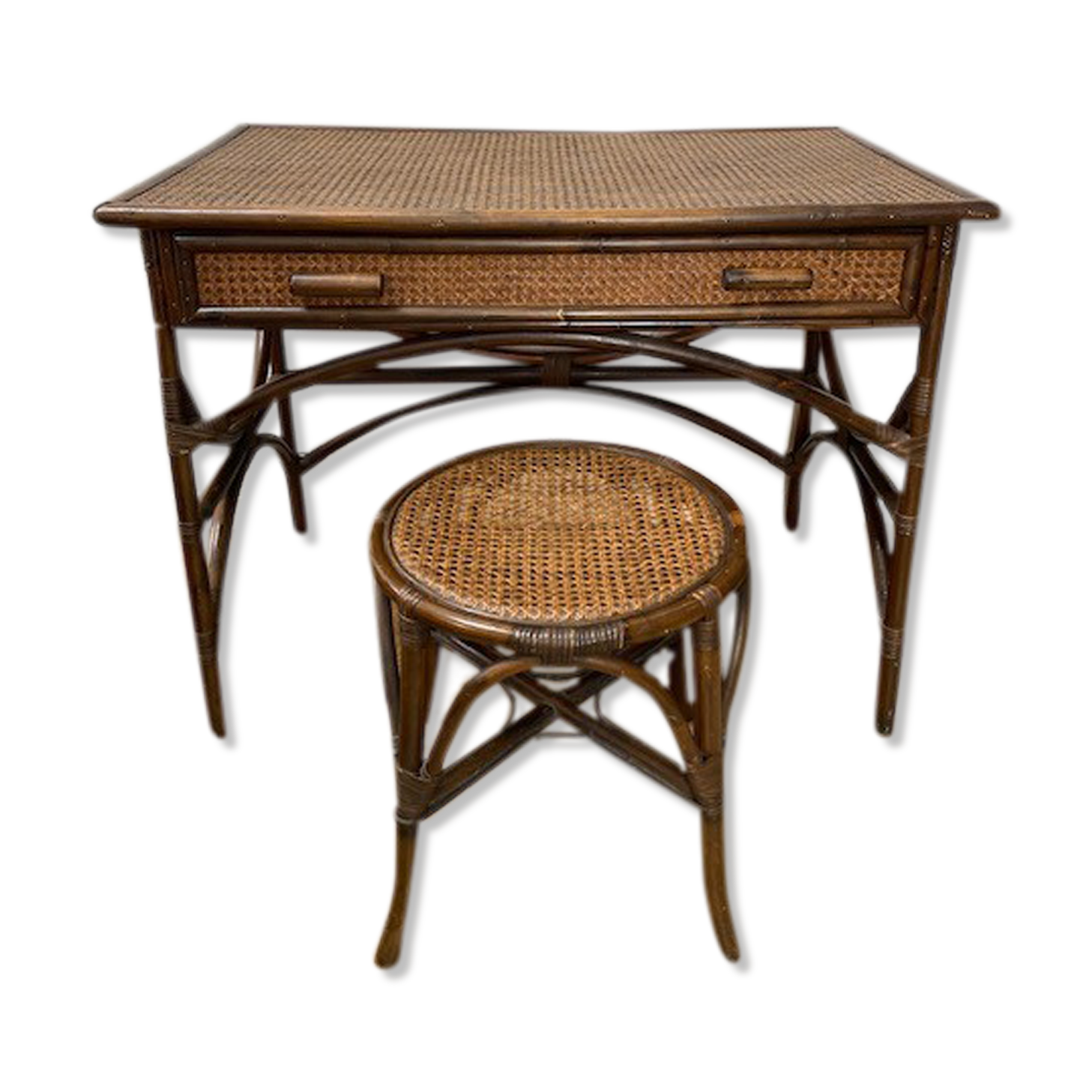 Vintage rattan and canning desk with its stool