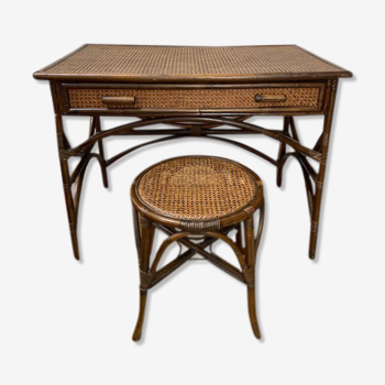 Vintage rattan and canning desk with its stool