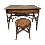 Vintage rattan and canning desk with its stool