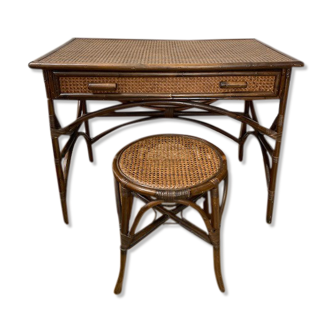 Vintage rattan and canning desk with its stool
