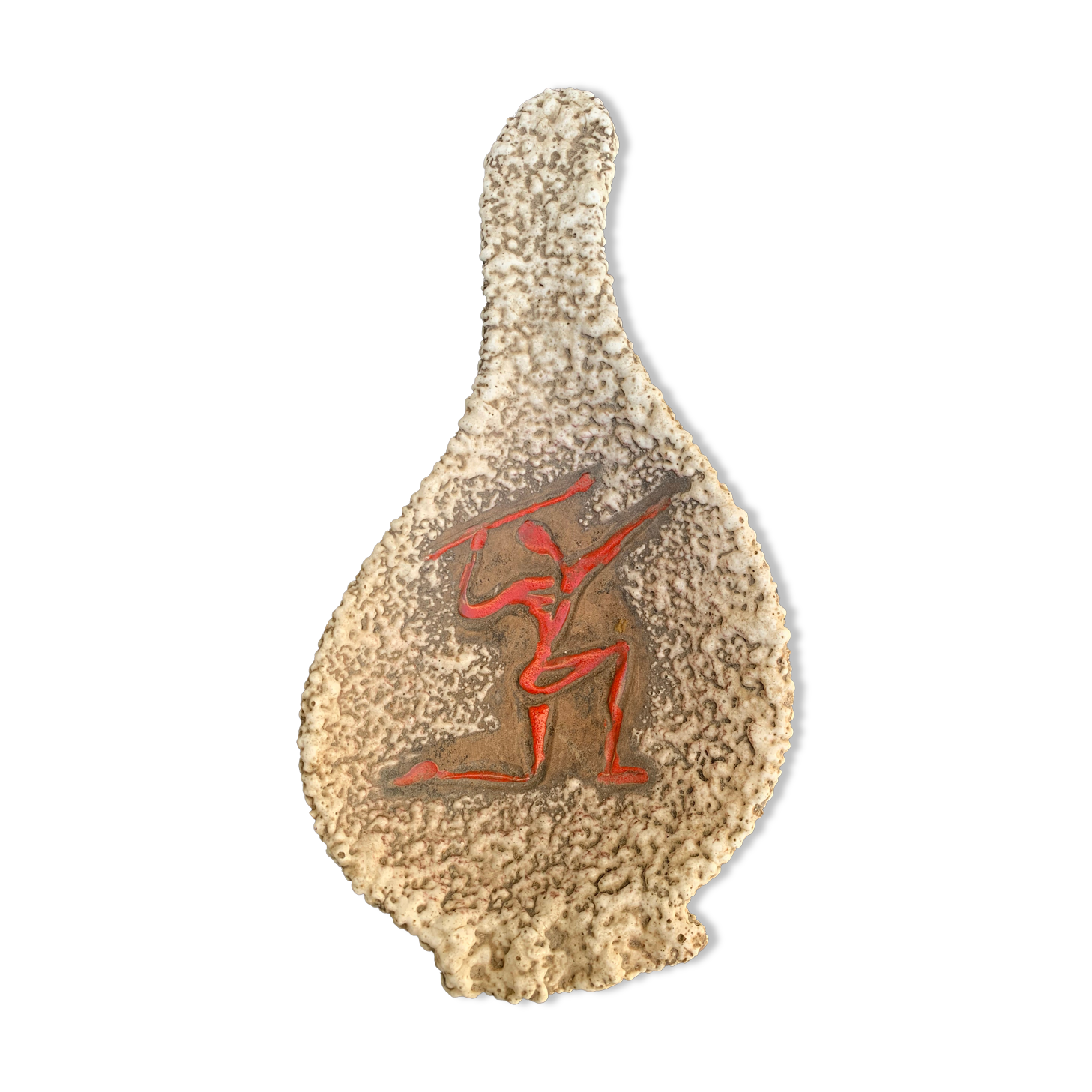 Glassed ceramic cut enamelled prehistoric warrior motif vintage red 1950