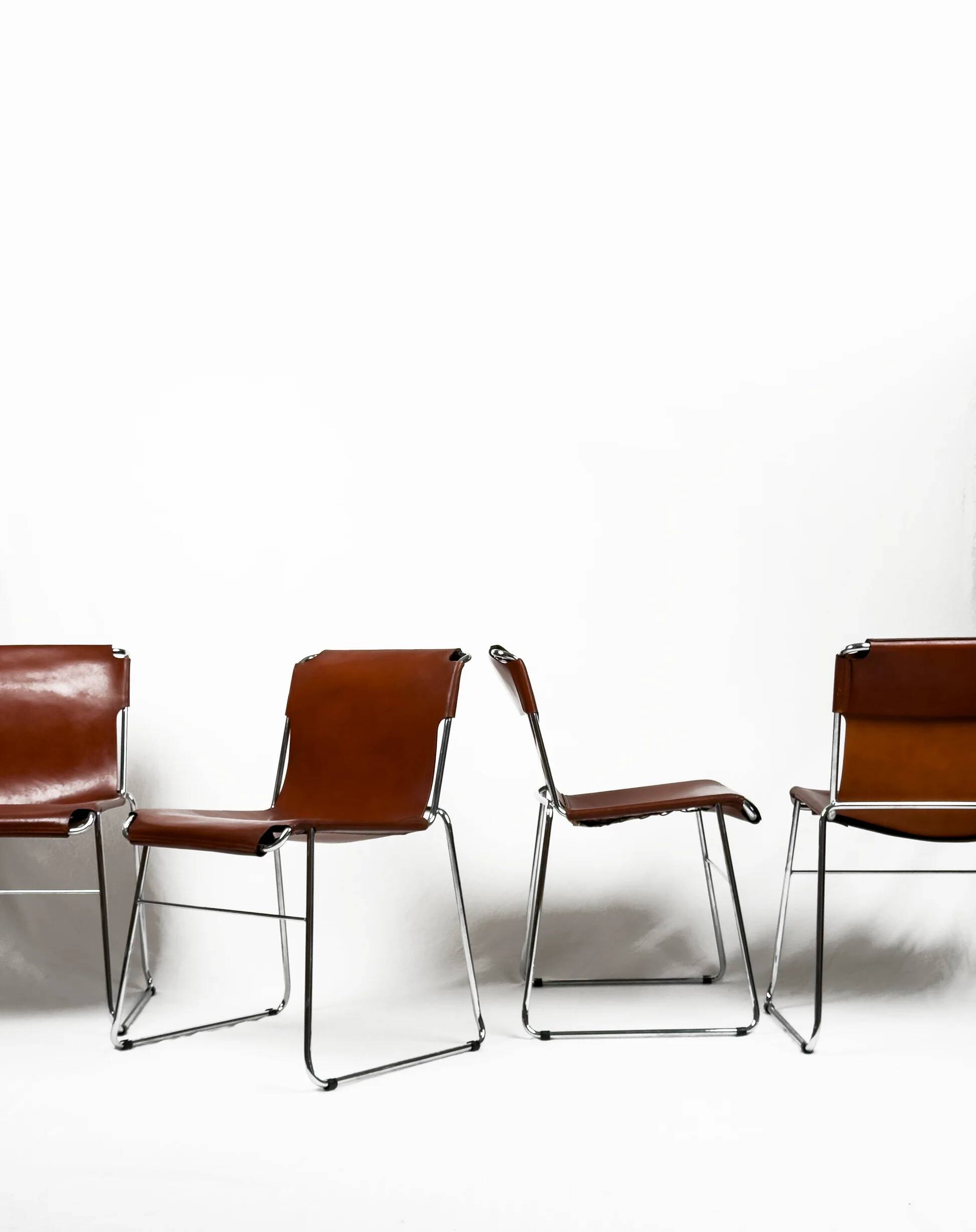 Set of 4 vintage Italian chrome & leather chairs 1970s