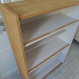 Vintage bookshelf in oak veneer, pearl grey interior, metal legs.