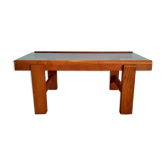 Coffee table in solid elm and smoked glass of the 1970s