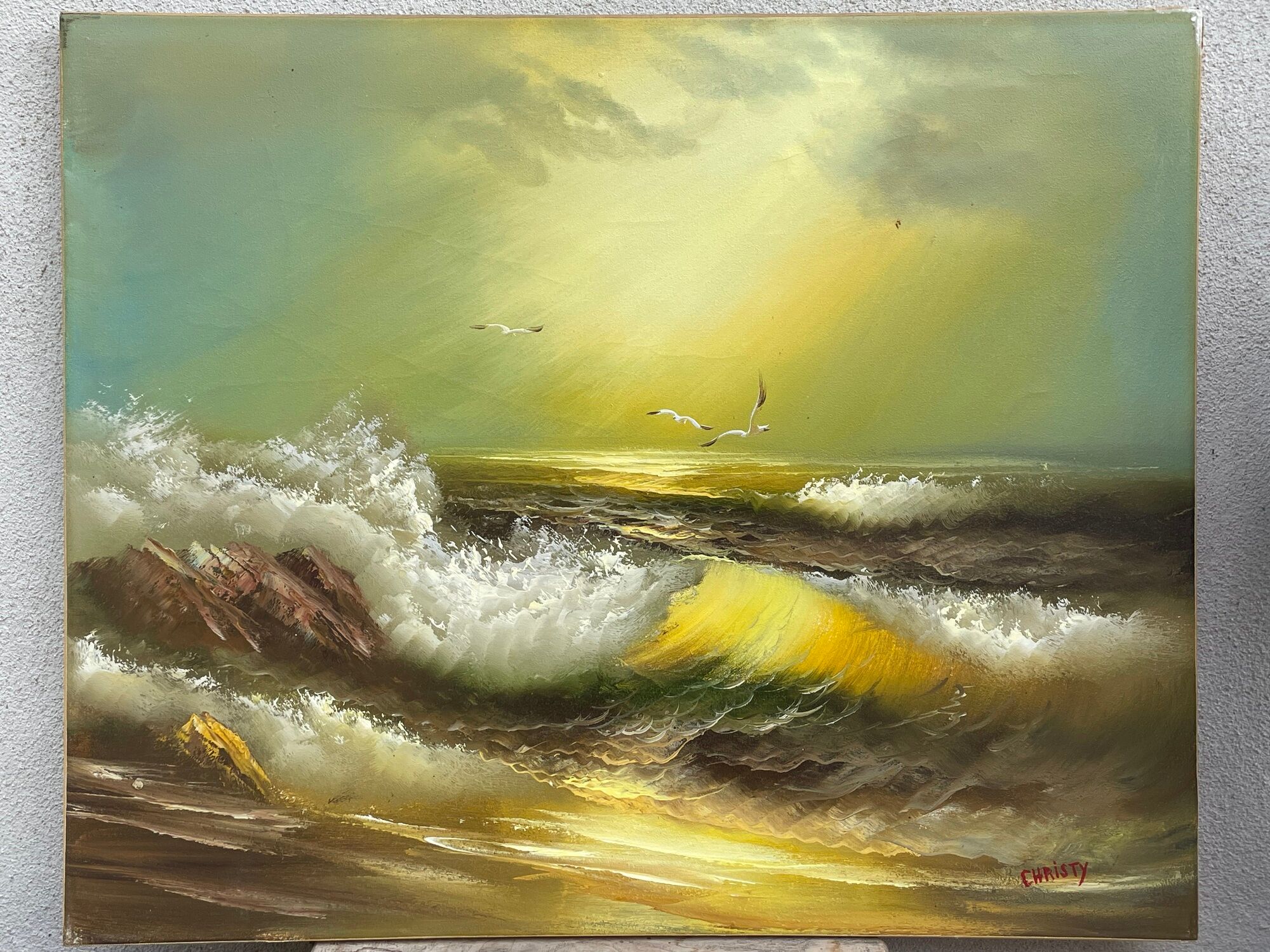 Marine, oil on canvas "Seagull on waves and rock" signed Christy