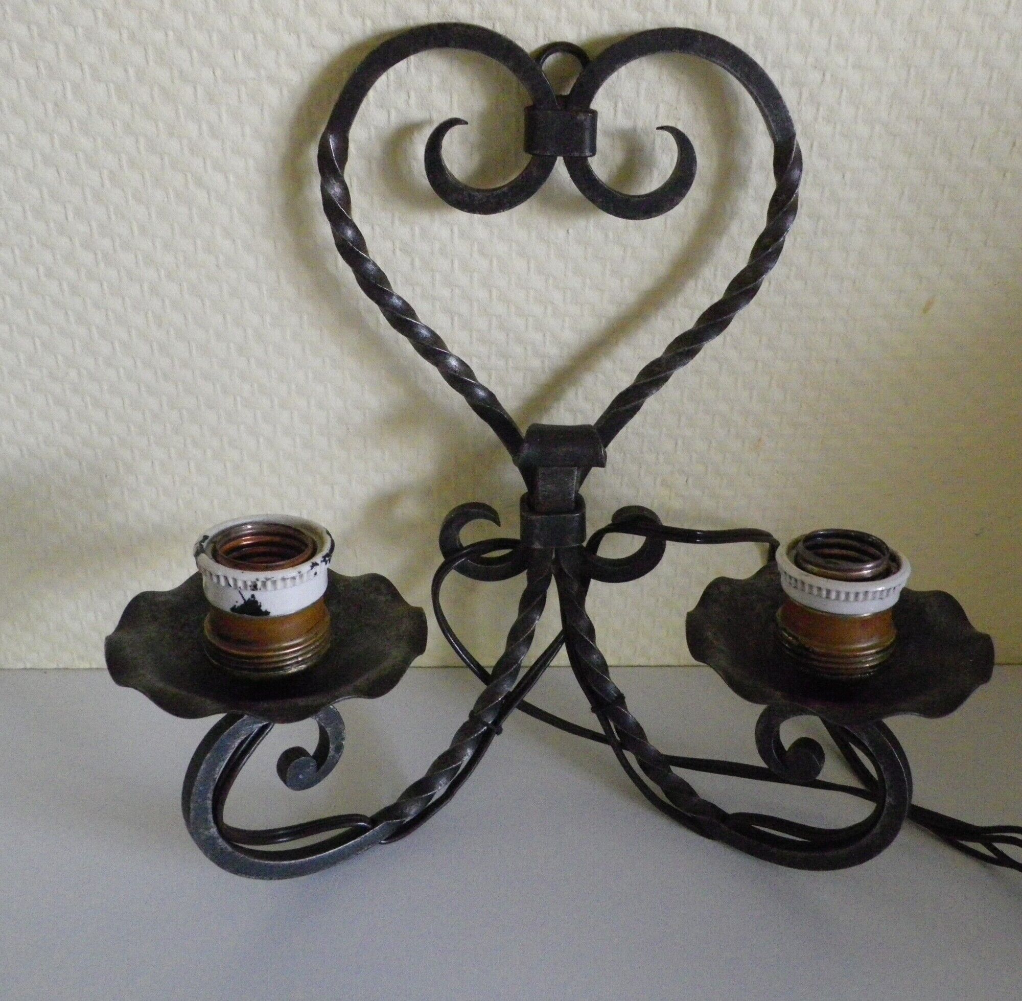 Real wrought iron wall sconce assembled and uns welded, porcelain and brass sleeves -1930/40