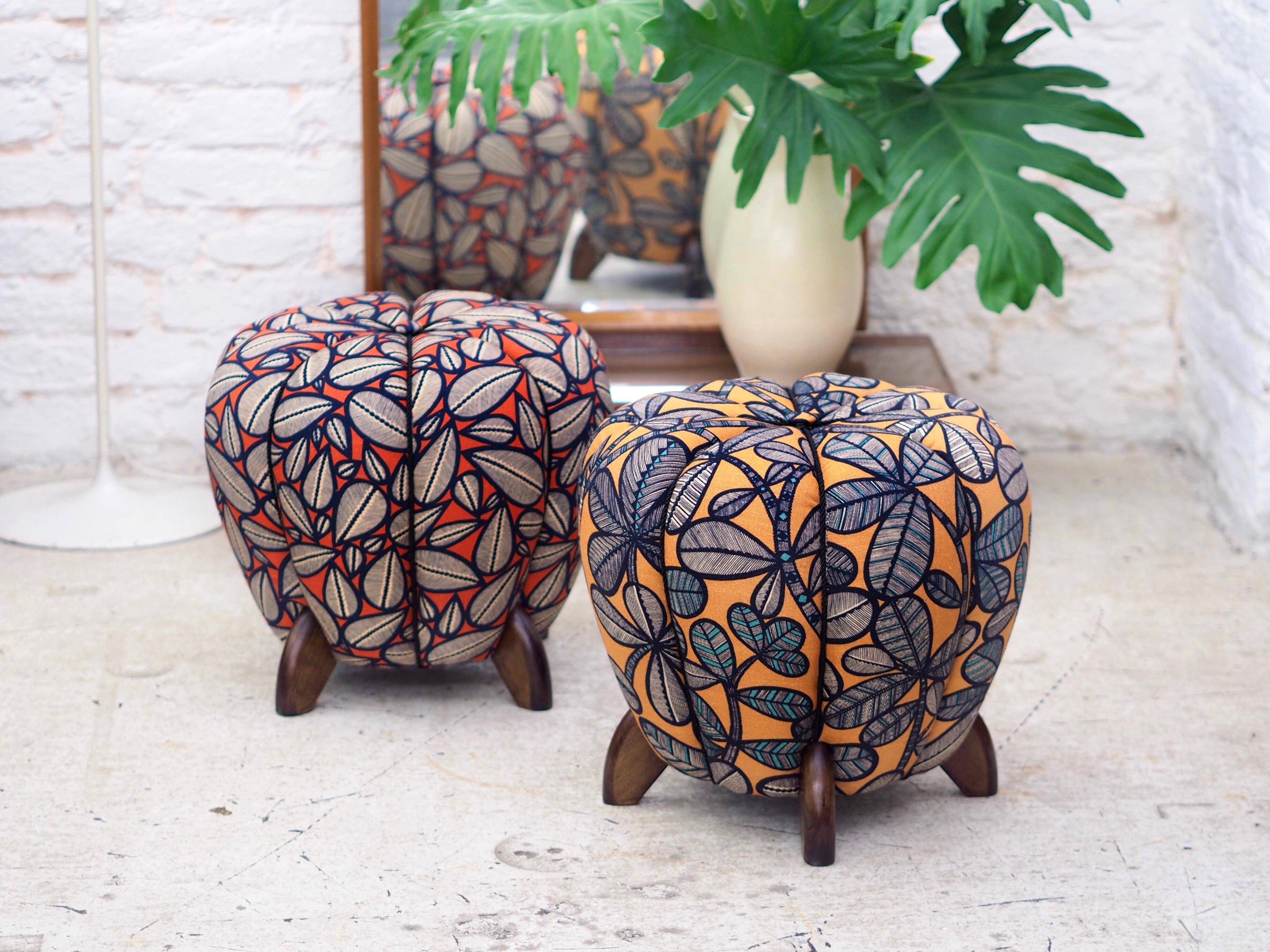 up to 3 Art Deco stools by Jindrich Halabala, leaf pattern, pouf, ottoman, 1930s