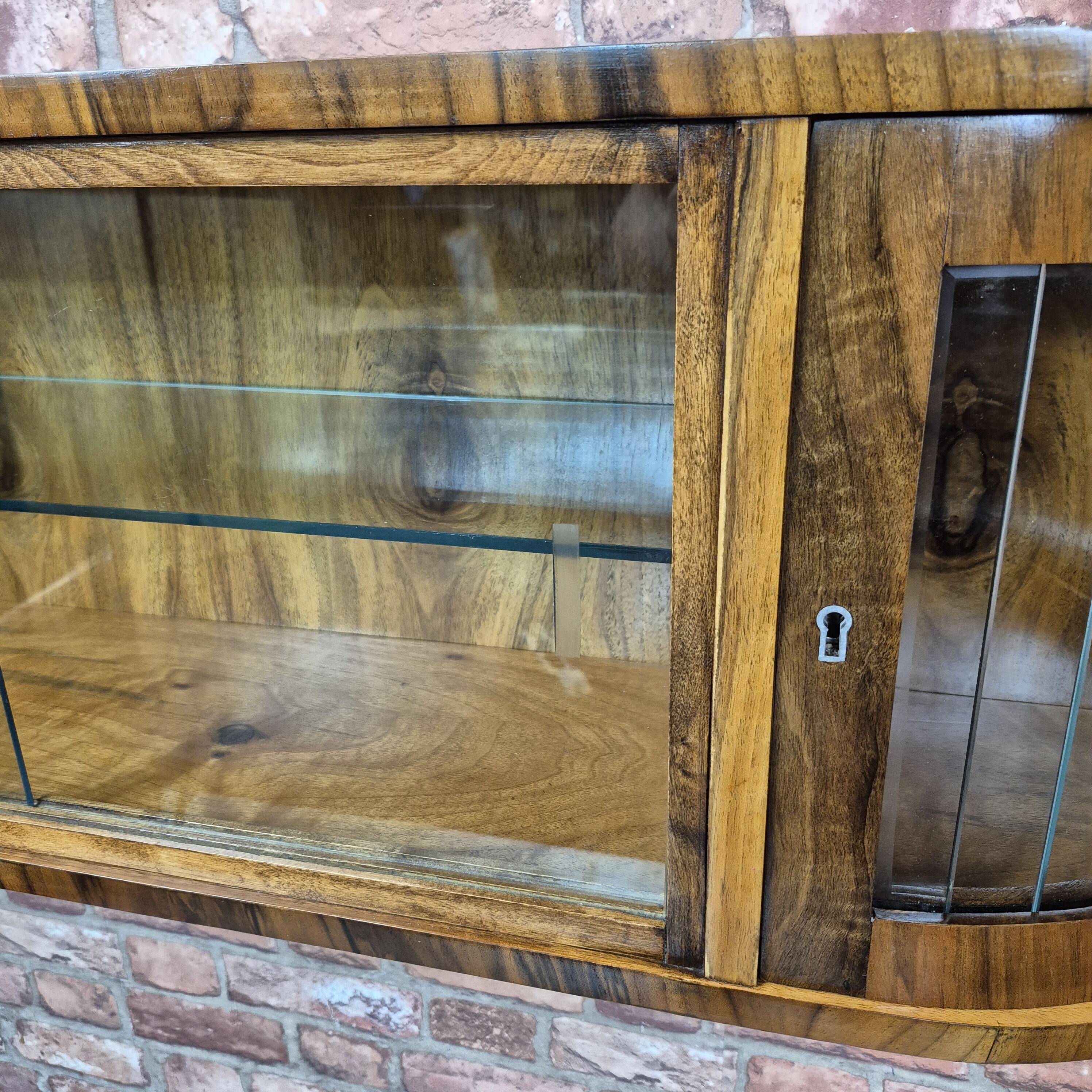 Rare 3-Zone Art Deco Walnut Wall Display Cabinet with Slatted Glass Doors
