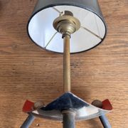 1950s modernist tripod lamp made of sheet metal and brass.